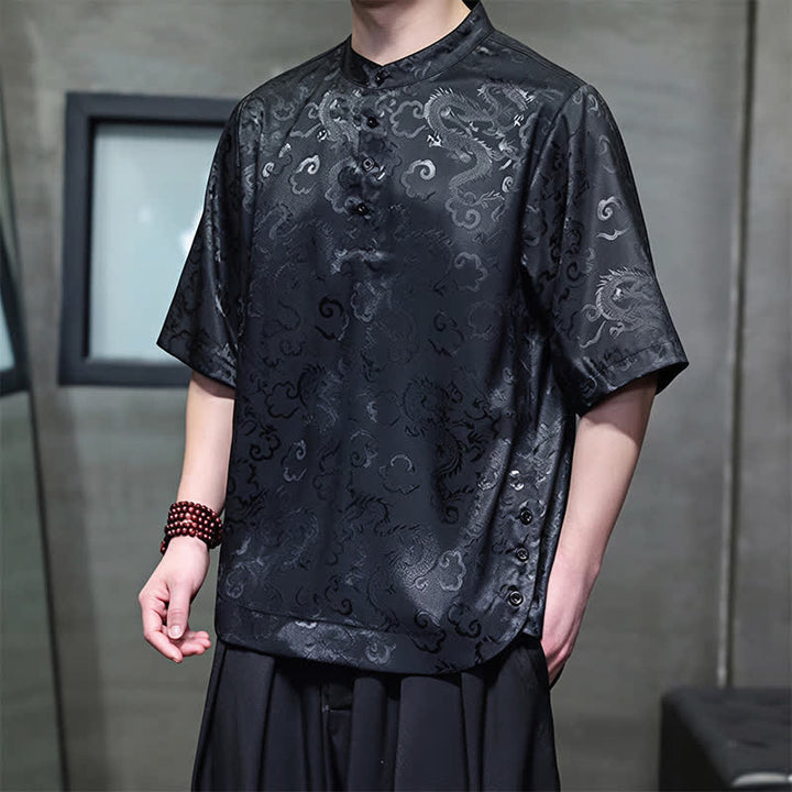 Buddha Stones Summer Vintage Tang Style Mandarin Collar Dragon Clouds Pattern Men's Short Sleeve Shirts - image 9