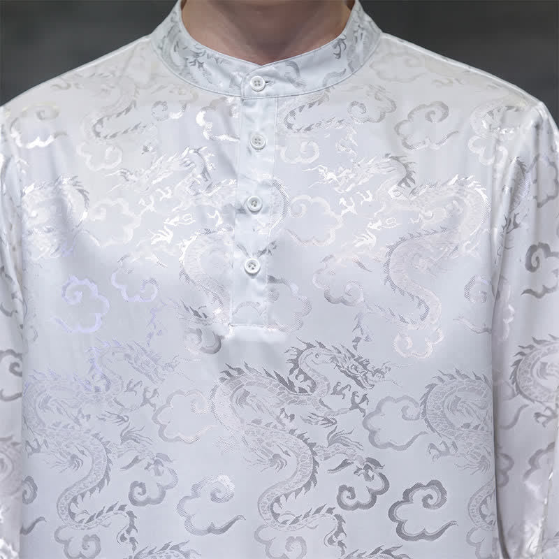 Buddha Stones Summer Vintage Tang Style Mandarin Collar Dragon Clouds Pattern Men's Short Sleeve Shirts - image 18
