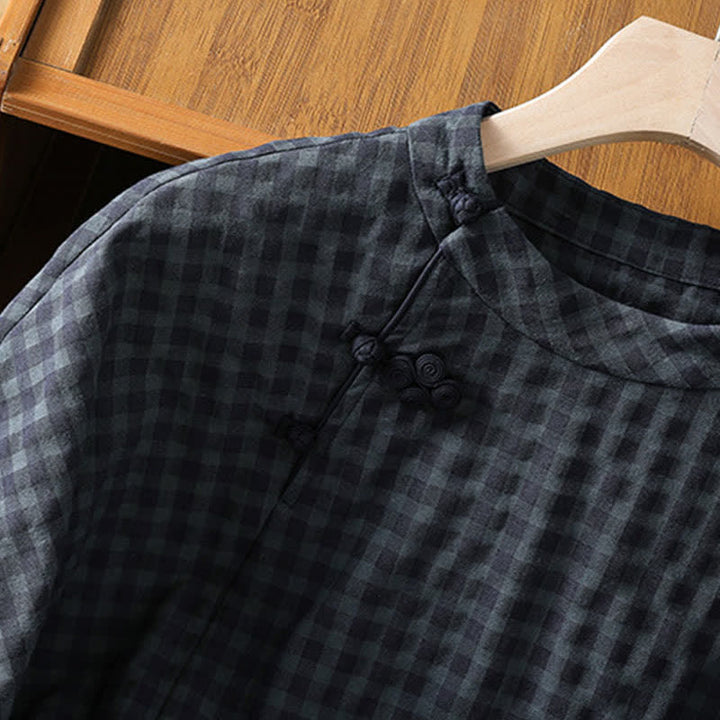Buddha Stones Spring Summer Casual Tang Style Mandarin Collar Black Plaid Women's Three-Quarter Sleeve Shirts - image 5