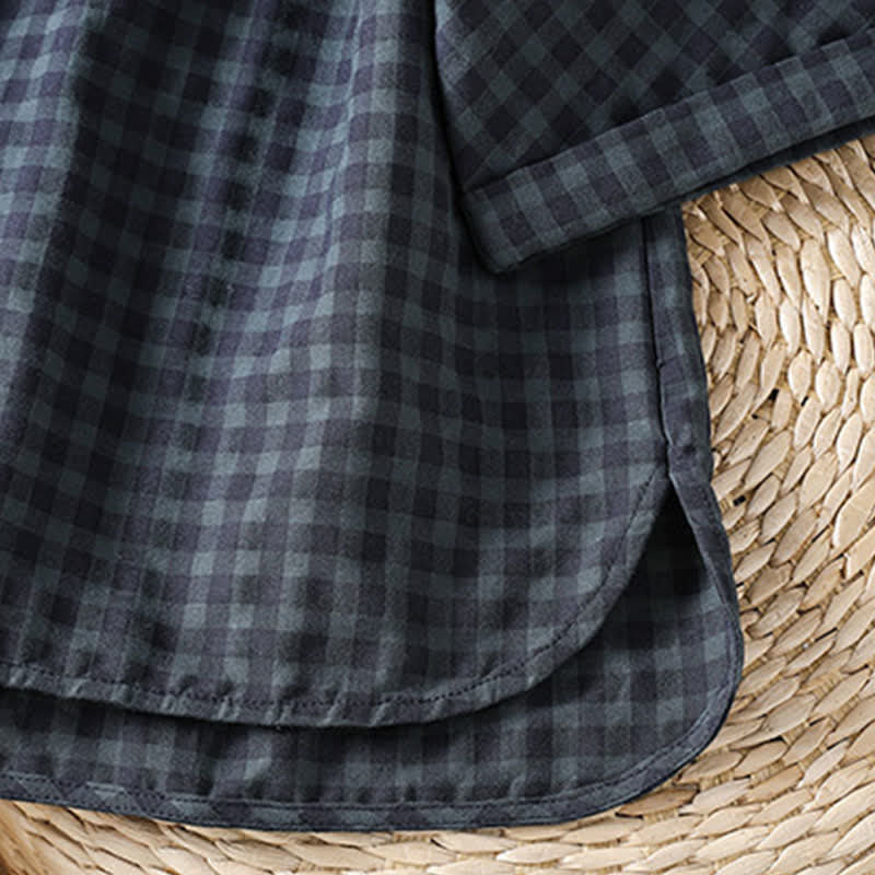 Buddha Stones Spring Summer Casual Tang Style Mandarin Collar Black Plaid Women's Three-Quarter Sleeve Shirts - image 7