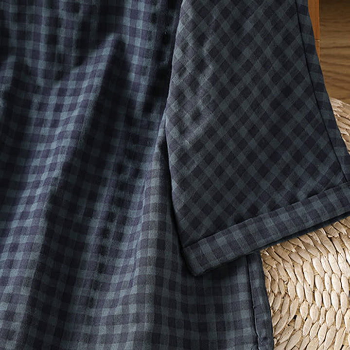 Buddha Stones Spring Summer Casual Tang Style Mandarin Collar Black Plaid Women's Three-Quarter Sleeve Shirts - image 8