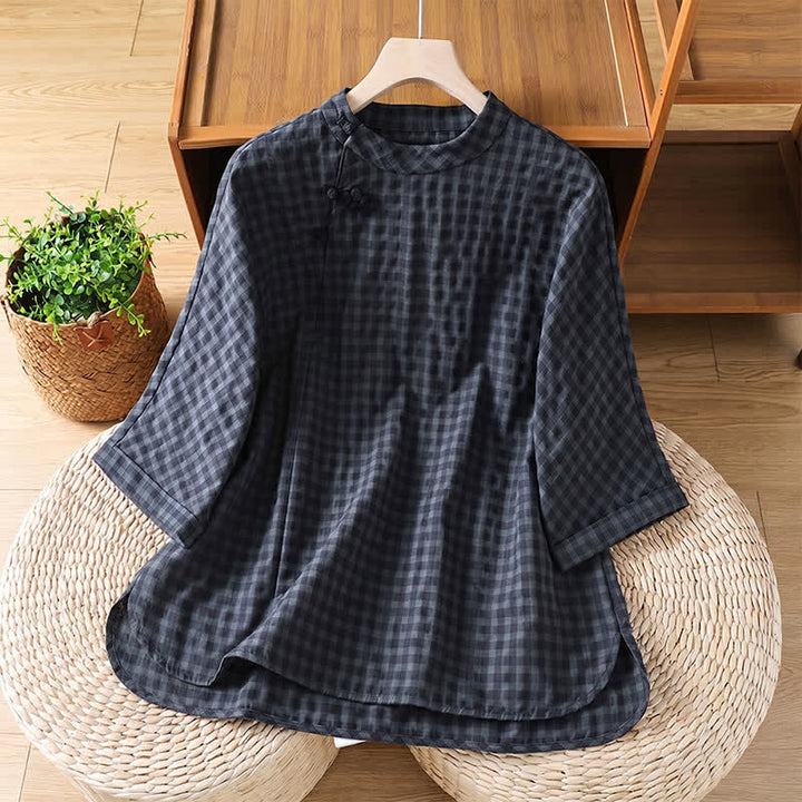 Buddha Stones Spring Summer Casual Tang Style Mandarin Collar Black Plaid Women's Three-Quarter Sleeve Shirts - DarkSlateGray - US8-10, UK/AU12-14, EU40-42 (2XL) - image 0