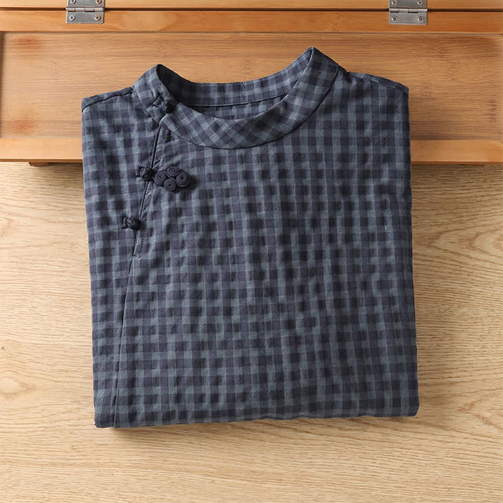 Buddha Stones Spring Summer Casual Tang Style Mandarin Collar Black Plaid Women's Elbow-Length Shirts - image 2