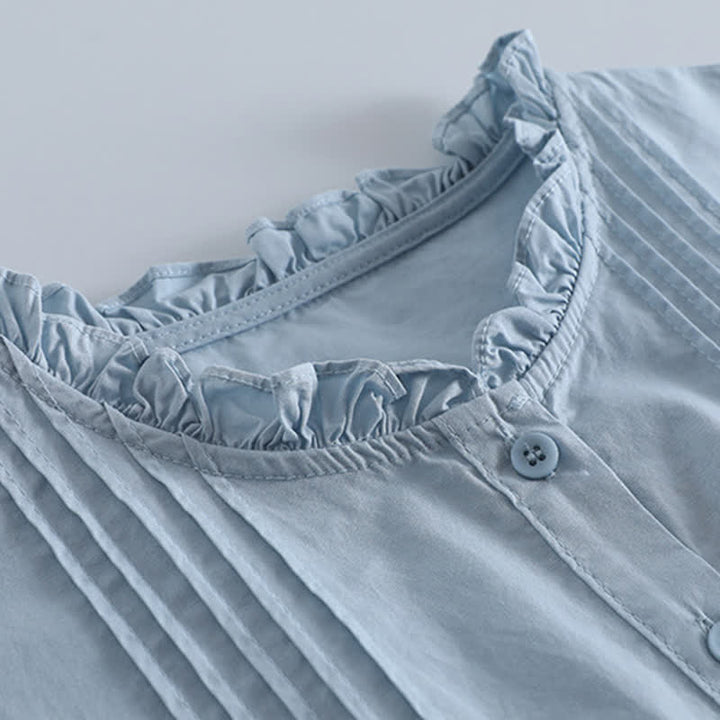 Buddha Stones Spring Casual Vintage Button-Up Solid Pleated Women's Long Sleeve Shirts - image 2