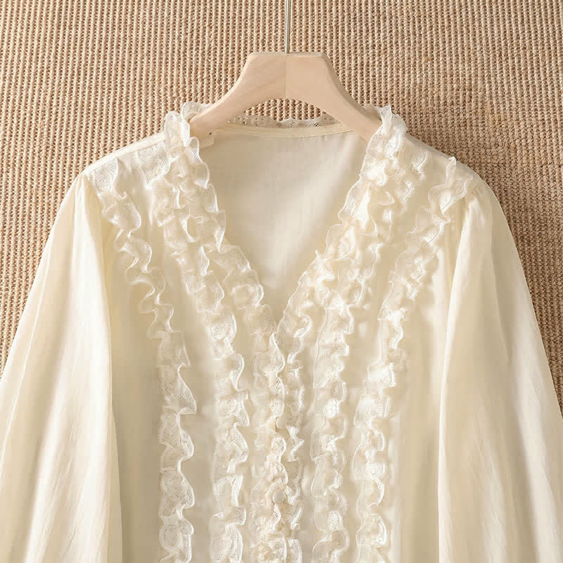 Buddha Stones Summer Casual Elegant Solid V-Neck Layered Ruffle Women's Three-Quarter Sleeve Shirts - image 17