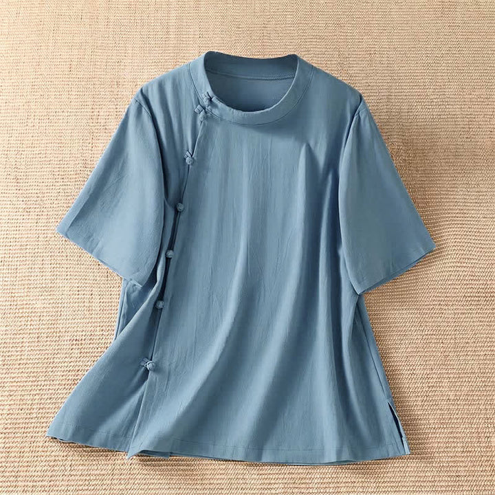 Buddha Stones Summer Casual Tang Style Frog Button Crew Neck Solid Women's Short Sleeve Shirts - LightBlue - US8-10, UK/AU12-14, EU40-42 (2XL) - image 0
