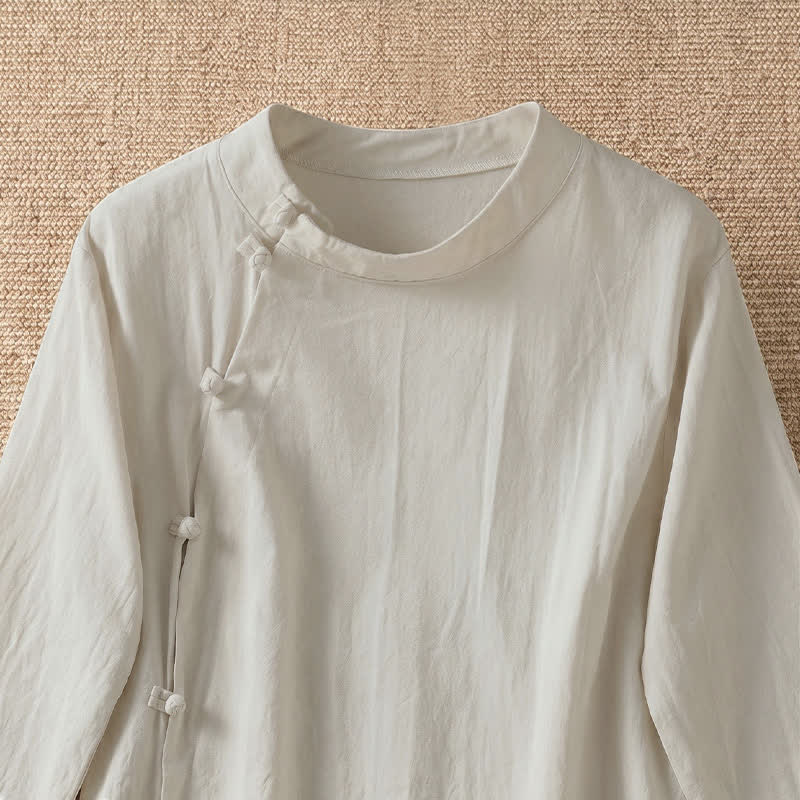 Buddha Stones Summer Casual Tang Style Frog Button Crew Neck Solid Women's Short Sleeve Shirts - image 7