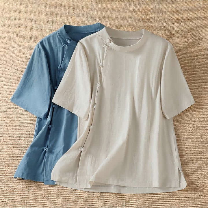 Buddha Stones Summer Casual Tang Style Frog Button Crew Neck Solid Women's Short Sleeve Shirts - image 14