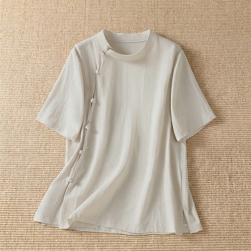 Buddha Stones Summer Casual Tang Style Frog Button Crew Neck Solid Women's Short Sleeve Shirts - Beige - US8-10, UK/AU12-14, EU40-42 (2XL) - image 5