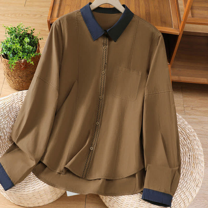 Buddha Stones Summer Casual Minimalist Solid Contrast Trim Women's Long Sleeve Shirts With Patch Pocket - Peru - US8-10, UK/AU12-14, EU40-42 (2XL) - image 9