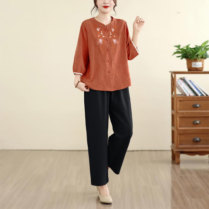 Buddha Stones Summer Vintage Tang Style Embroidery Floral Women's Three-Quarter Sleeve Shirts - image 15
