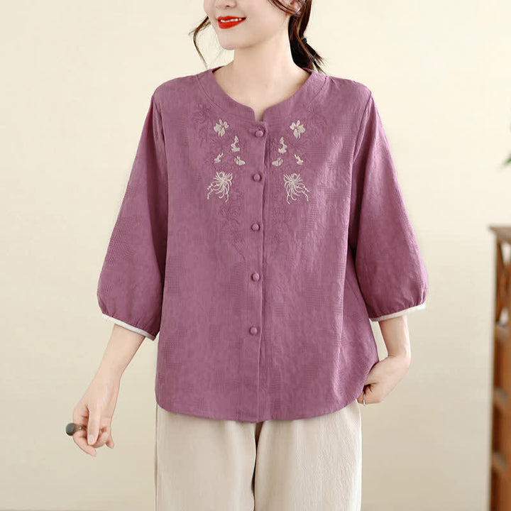 Buddha Stones Summer Vintage Tang Style Embroidery Floral Women's Three-Quarter Sleeve Shirts - PaleVioletRed - US12, UK/AU16, EU44 (3XL) - image 0