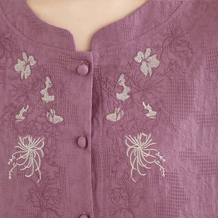 Buddha Stones Summer Vintage Tang Style Embroidery Floral Women's Three-Quarter Sleeve Shirts - image 6
