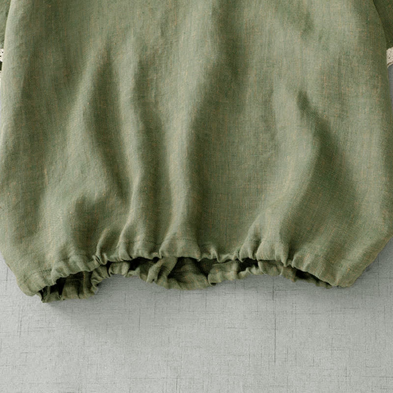 Buddha Stones Summer Casual Boho Button-Up Solid Green Hooded Lace Trim Women's Short Sleeve Shirts - image 8