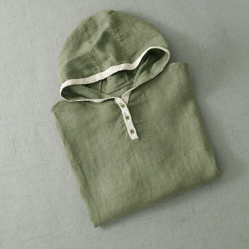 Buddha Stones Summer Casual Boho Button-Up Solid Green Hooded Lace Trim Women's Short Sleeve Shirts - image 2