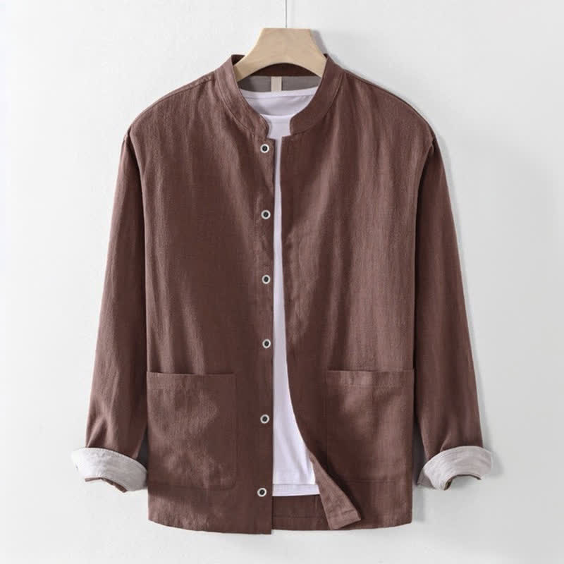 Buddha Stones Spring Summer Casual Tang Style Mandarin Collar Solid Men's Long Sleeve Shirts With Pocket - Sienna - US/UK/AU44, EU54 (4XL) - image 0