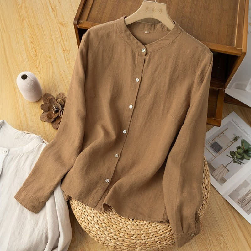 Buddha Stones Fall Casual Tang Style Mandarin Collar Solid Women's Long Sleeve Shirts - image 9