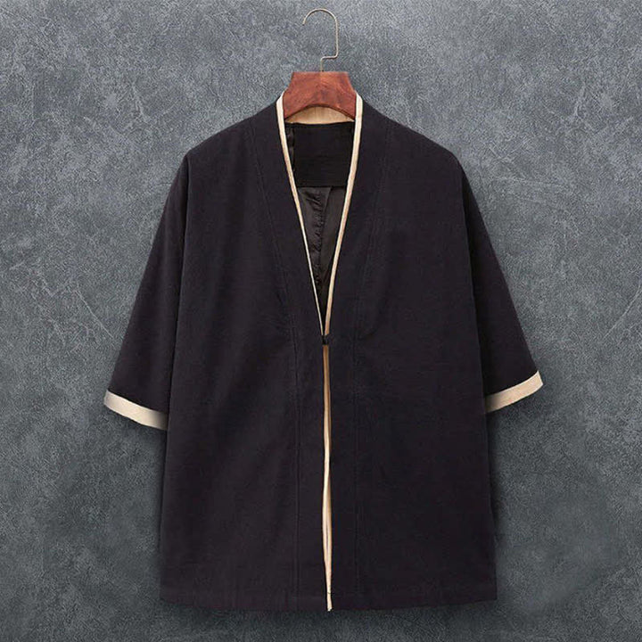 Buddha Stones Spring Summer Minimalist Casual Knot Button Solid Cotton Three-Quarter Sleeve Men's Kimono - Black - US/UK/AU46, EU56 (5XL) - image 2