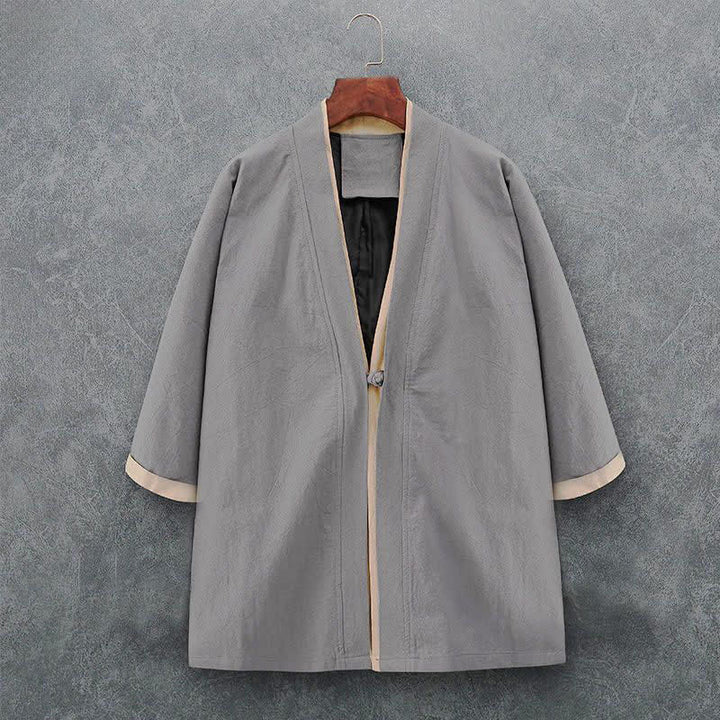 Buddha Stones Spring Summer Minimalist Casual Knot Button Solid Cotton Three-Quarter Sleeve Men's Kimono - LightGray - US/UK/AU46, EU56 (5XL) - image 8