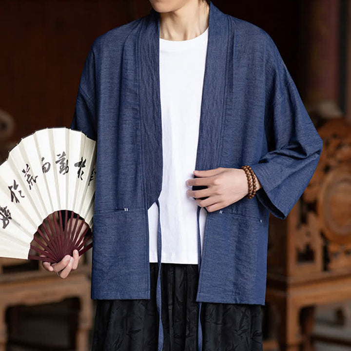 Buddha Stones Spring Summer Casual Minimalist Drawstring Solid Three-Quarter Sleeve Men's Kimono With Pocket - image 1