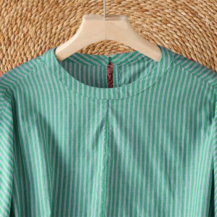Buddha Stones Spring Casual Minimalist Green Striped Crew Neck Women's Long Sleeve T-Shirt - image 3