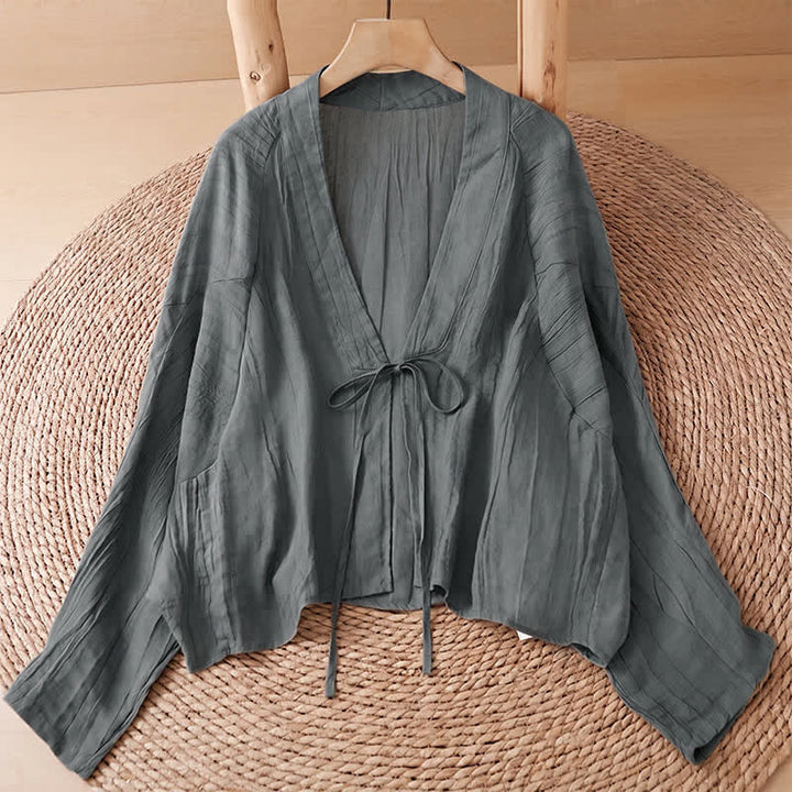 Buddha Stones Summer Casual Boho Wrinkle Design Drawstring Solid Women's Kimono - SlateGray - US14, UK/AU18, EU46 (2XL) - image 32