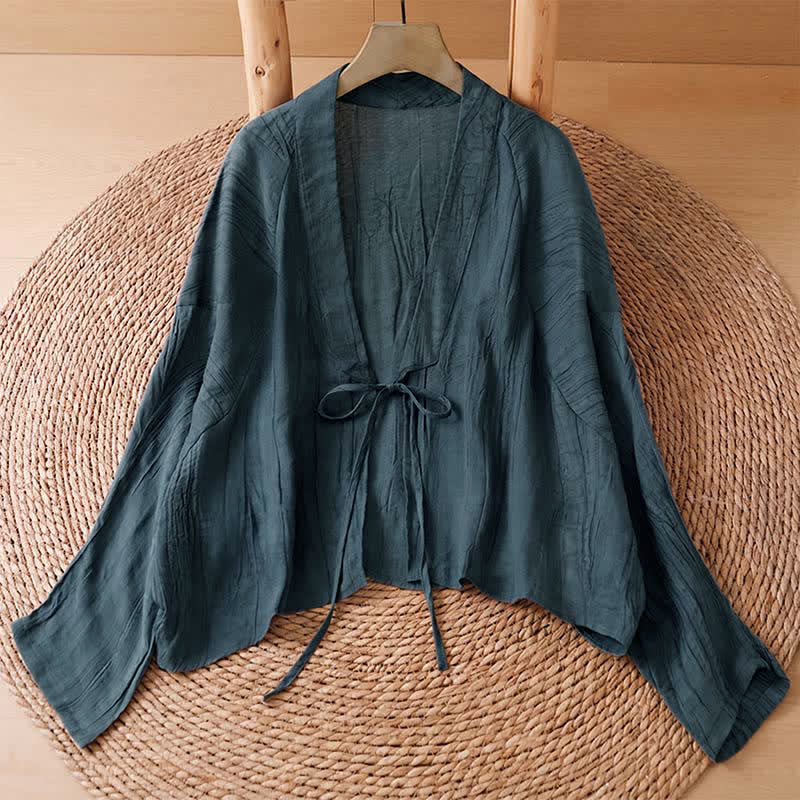 Buddha Stones Summer Casual Boho Wrinkle Design Drawstring Solid Women's Kimono - Teal - US14, UK/AU18, EU46 (2XL) - image 10