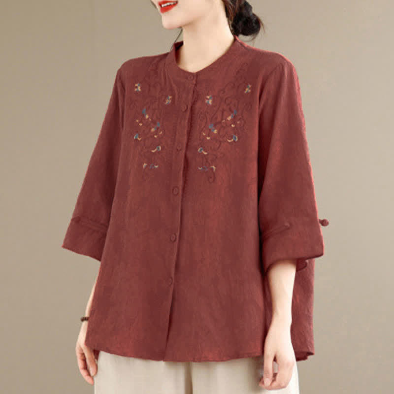 Buddha Stones Spring Summer Vintage Tang Style Embroidery Mandarin Collar Floral Women's Long Sleeve Shirts - image 4
