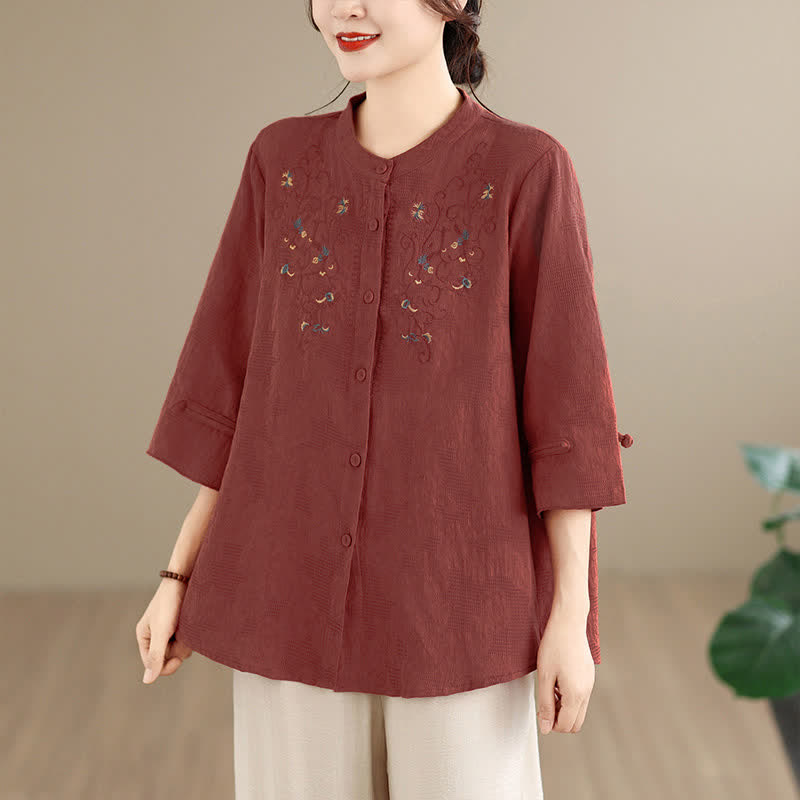 Buddha Stones Spring Summer Vintage Tang Style Embroidery Mandarin Collar Floral Women's Long Sleeve Shirts - Sienna - US12, UK/AU16, EU44 (3XL) - image 0