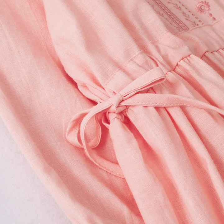 Buddha Stones Spring Summer Casual Vintage Button-Up Drawstring Solid Crew Neck Women's Three-Quarter Sleeve Dress - image 14