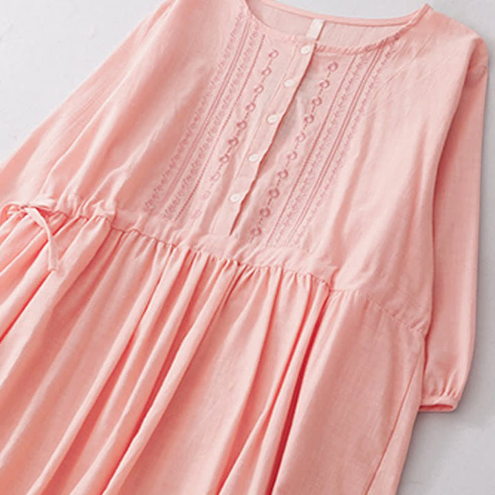 Buddha Stones Spring Summer Casual Vintage Button-Up Drawstring Solid Crew Neck Women's Three-Quarter Sleeve Dress - image 11