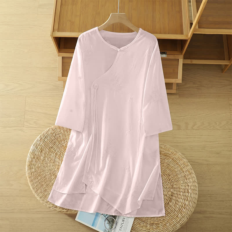 Buddha Stones Summer Casual Embroidery Floral Crew Neck Women's Three-Quarter Sleeve Dress With Pockets - LavenderBlush - US14, UK/AU18, EU46 (2XL) - image 6