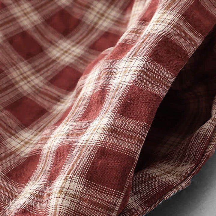 Buddha Stones Fall Casual Vintage Button-Up Red Plaid Tiered Women's Long Sleeve Dress With Pocket - image 8