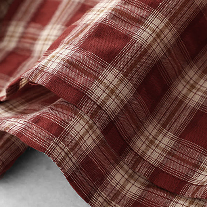 Buddha Stones Fall Casual Vintage Button-Up Red Plaid Tiered Women's Long Sleeve Dress With Pocket - image 11