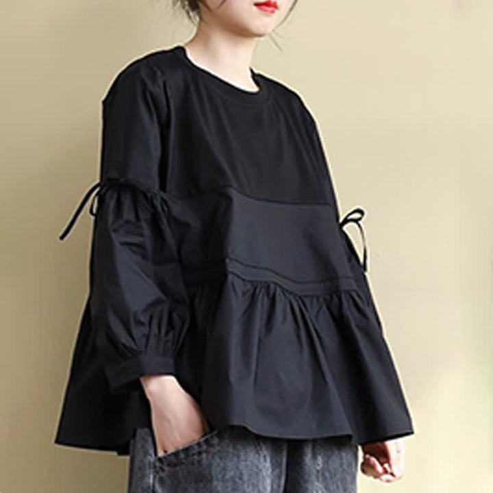 Buddha Stones Spring Fall Casual Vintage Crew Neck Peplum Hem Drawstring Solid Women's Long Sleeve T-Shirt - image 19