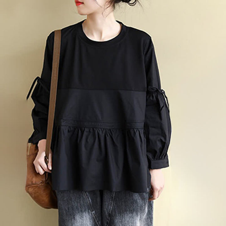 Buddha Stones Spring Fall Casual Vintage Crew Neck Peplum Hem Drawstring Solid Women's Long Sleeve T-Shirt - image 21