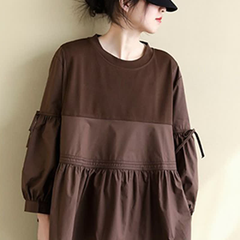 Buddha Stones Spring Fall Casual Vintage Crew Neck Peplum Hem Drawstring Solid Women's Long Sleeve T-Shirt - image 4
