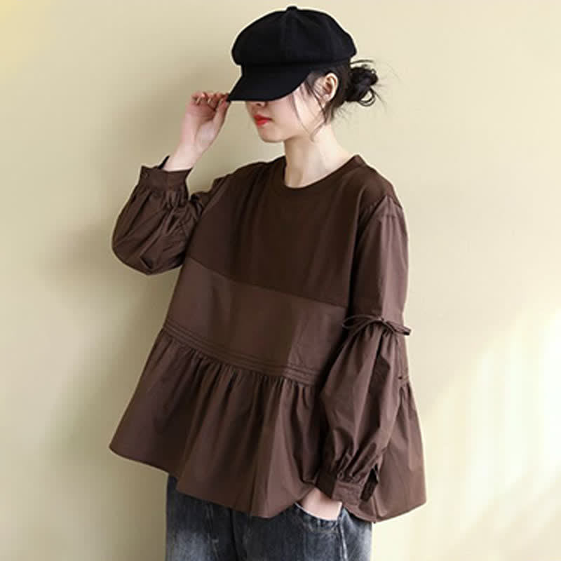 Buddha Stones Spring Fall Casual Vintage Crew Neck Peplum Hem Drawstring Solid Women's Long Sleeve T-Shirt - image 3