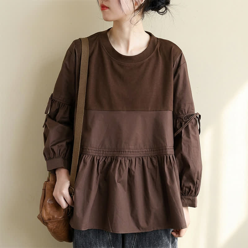 Buddha Stones Spring Fall Casual Vintage Crew Neck Peplum Hem Drawstring Solid Women's Long Sleeve T-Shirt - image 1