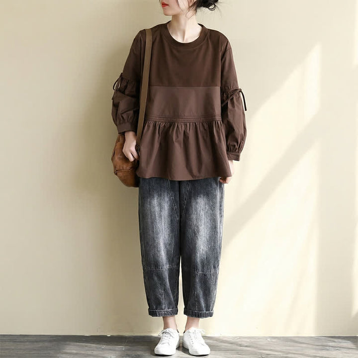 Buddha Stones Spring Fall Casual Vintage Crew Neck Peplum Hem Drawstring Solid Women's Long Sleeve T-Shirt - image 14