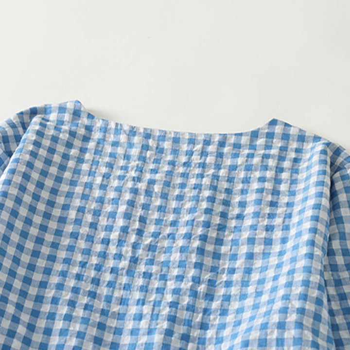 Buddha Stones Spring Casual Vintage Light Blue Plaid Crew Neck Women's Long Sleeve Dress With Pocket - image 3