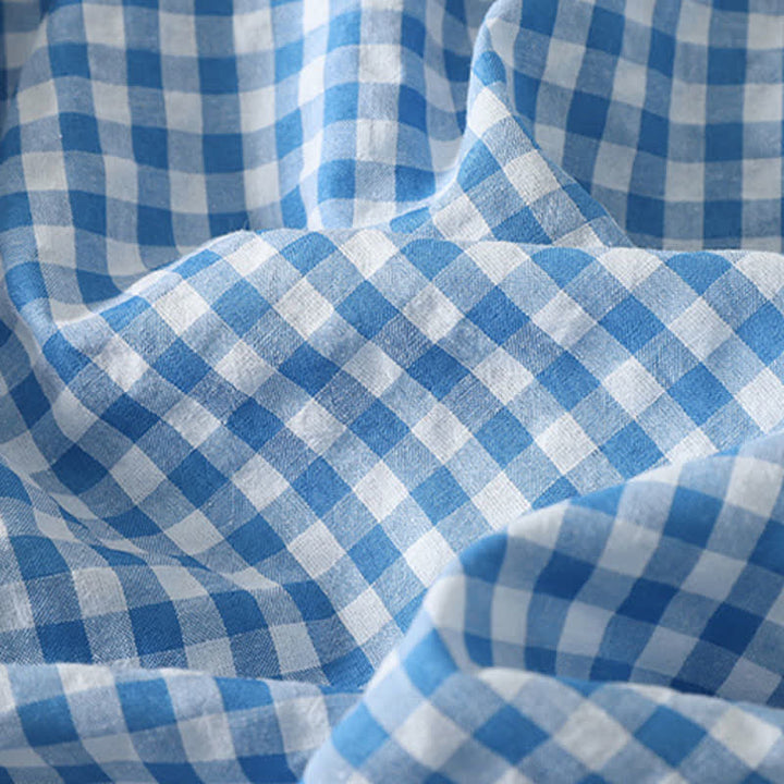 Buddha Stones Spring Casual Vintage Light Blue Plaid Crew Neck Women's Long Sleeve Dress With Pocket - image 12