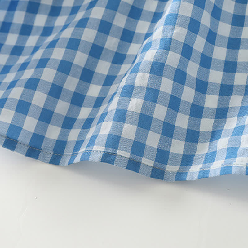 Buddha Stones Spring Casual Vintage Light Blue Plaid Crew Neck Women's Long Sleeve Dress With Pocket - image 11