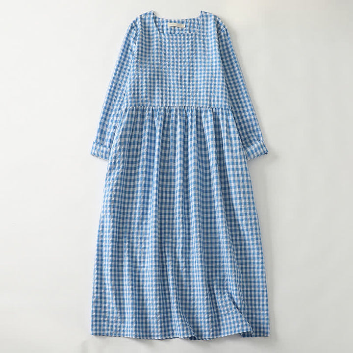 Buddha Stones Spring Casual Vintage Light Blue Plaid Crew Neck Women's Long Sleeve Dress With Pocket - LightSkyBlue - US12, UK/AU16, EU44 (2XL) - image 0