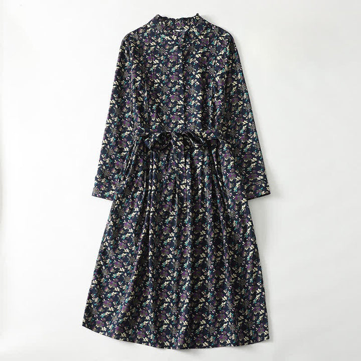 Buddha Stones Spring Summer Vintage Elegant Button-Up Floral Women's Long Sleeve DressWith Pockets - Navy - US8-10, UK/AU12-14, EU40-42 (2XL) - image 11