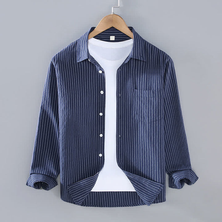 Buddha Stones Spring Fall Casual Minimalist Button-Up Vertical Striped Men's Long Sleeve Shirts With Patch Pocket - Navy - US/UK/AU42, EU52 (3XL) - image 11