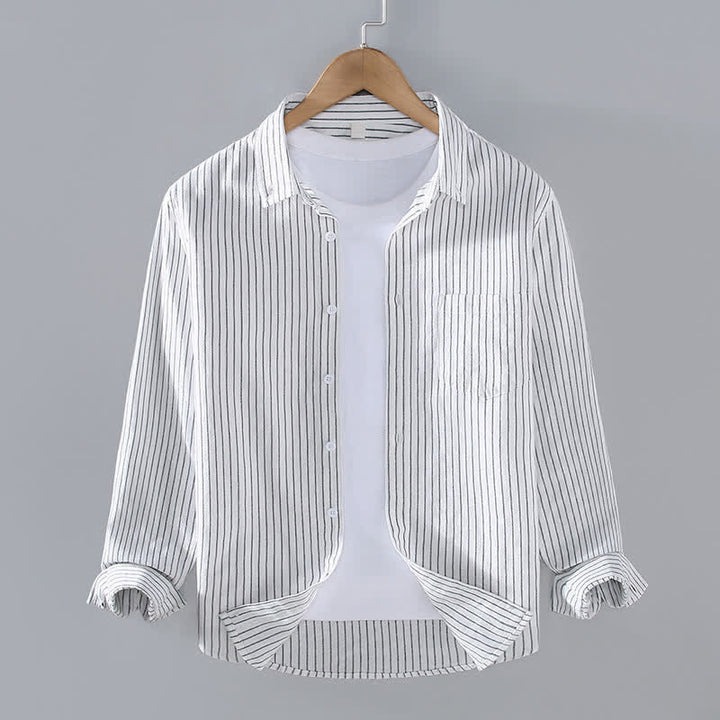 Buddha Stones Spring Fall Casual Minimalist Button-Up Vertical Striped Men's Long Sleeve Shirts With Patch Pocket - White - US/UK/AU42, EU52 (3XL) - image 0