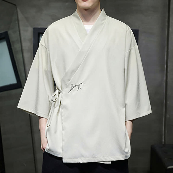 Buddha Stones Summer Tang Style Minimalist Drawstring Bamboo Solid Three-Quarter Sleeve Men's Kimono - image 1