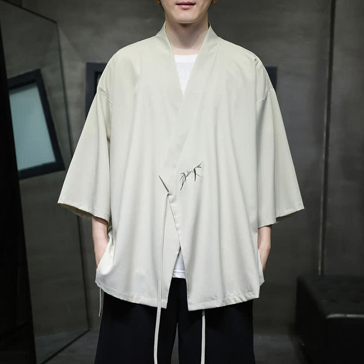 Buddha Stones Summer Tang Style Minimalist Drawstring Bamboo Solid Three-Quarter Sleeve Men's Kimono - Beige - US/UK/AU46, EU56 (5XL) - image 0