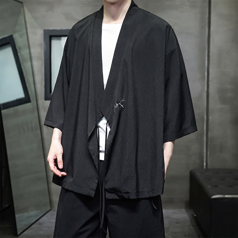 Buddha Stones Summer Tang Style Minimalist Drawstring Bamboo Solid Three-Quarter Sleeve Men's Kimono - image 9